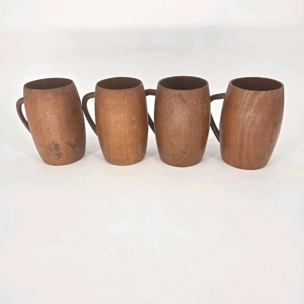 Wooden Beer Mugs Set of 4 Hand Turned MCM Tankards 6" Vintage Man Cave Brewania